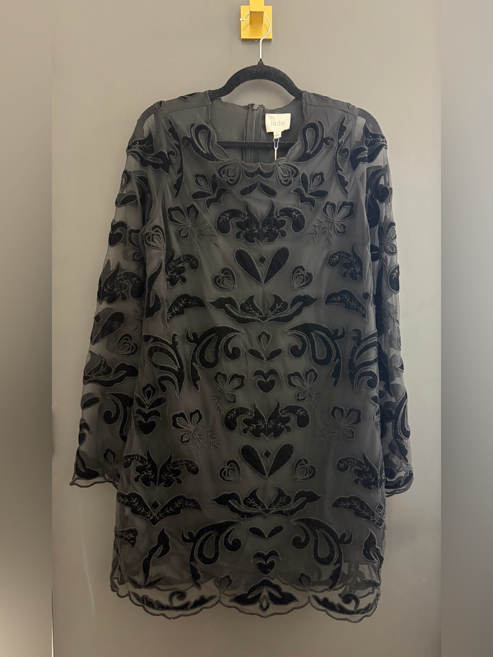 Jade Black Sheer Flocked Long-Sleeve Dress